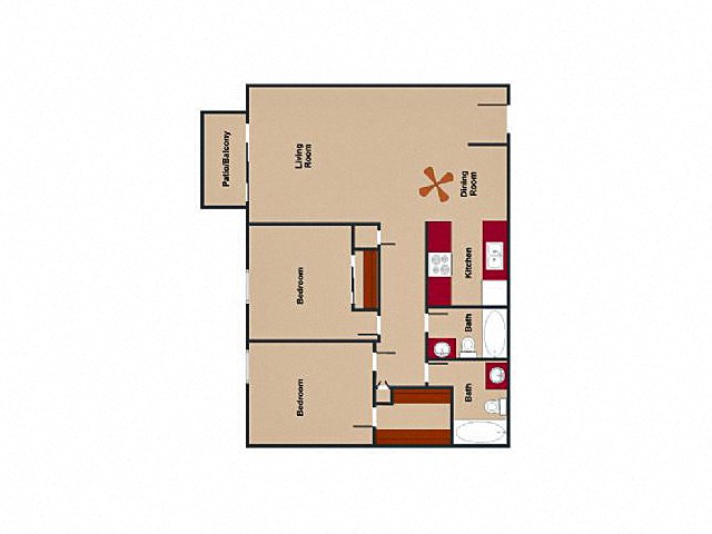 Floor plan for 2 beds, 2 baths, 970 sqft